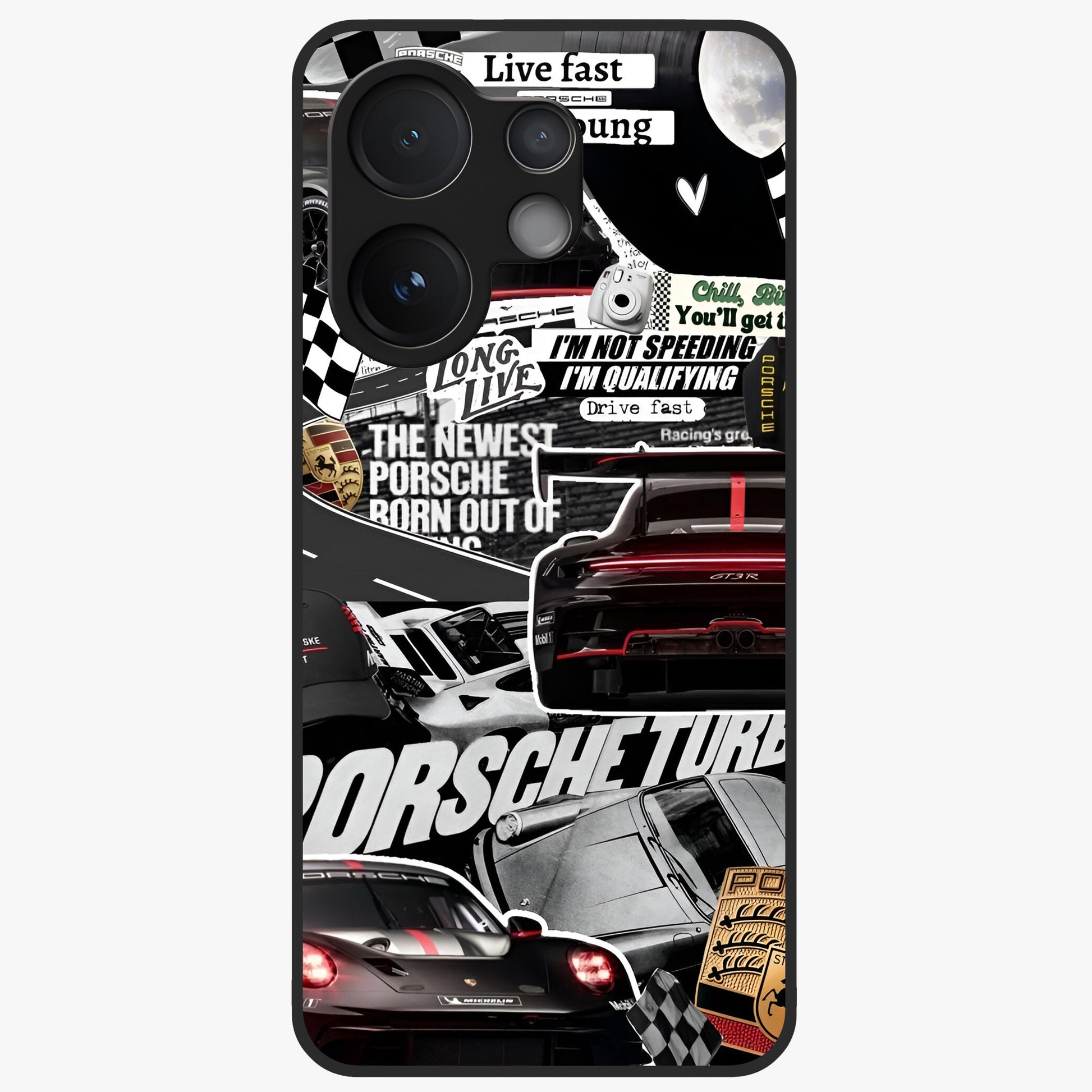 Porsche Racing Collage Glass Case showing flat back view with sports car racing collage artwork and glossy glass finish.