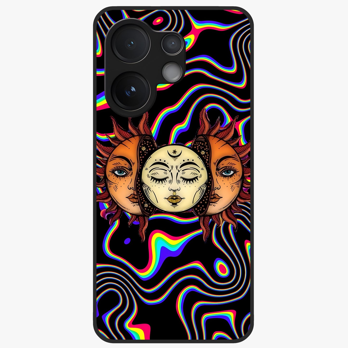 Psychedelic Sun Glass Case showing flat back view with colorful psychedelic sun artwork and glossy glass finish.