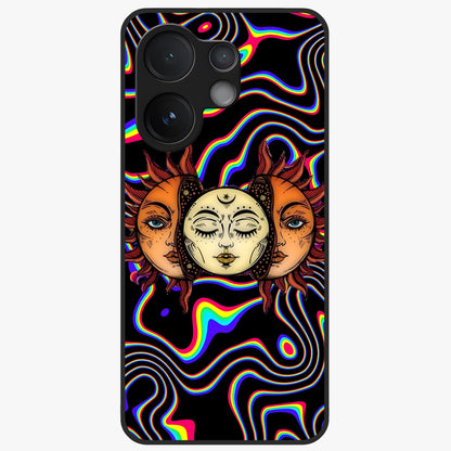 Psychedelic Sun Glass Case showing flat back view with colorful psychedelic sun artwork and glossy glass finish.