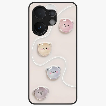 Puffy Face Parade Glass Case showing flat back view with cute puffy character faces artwork and glossy glass finish.