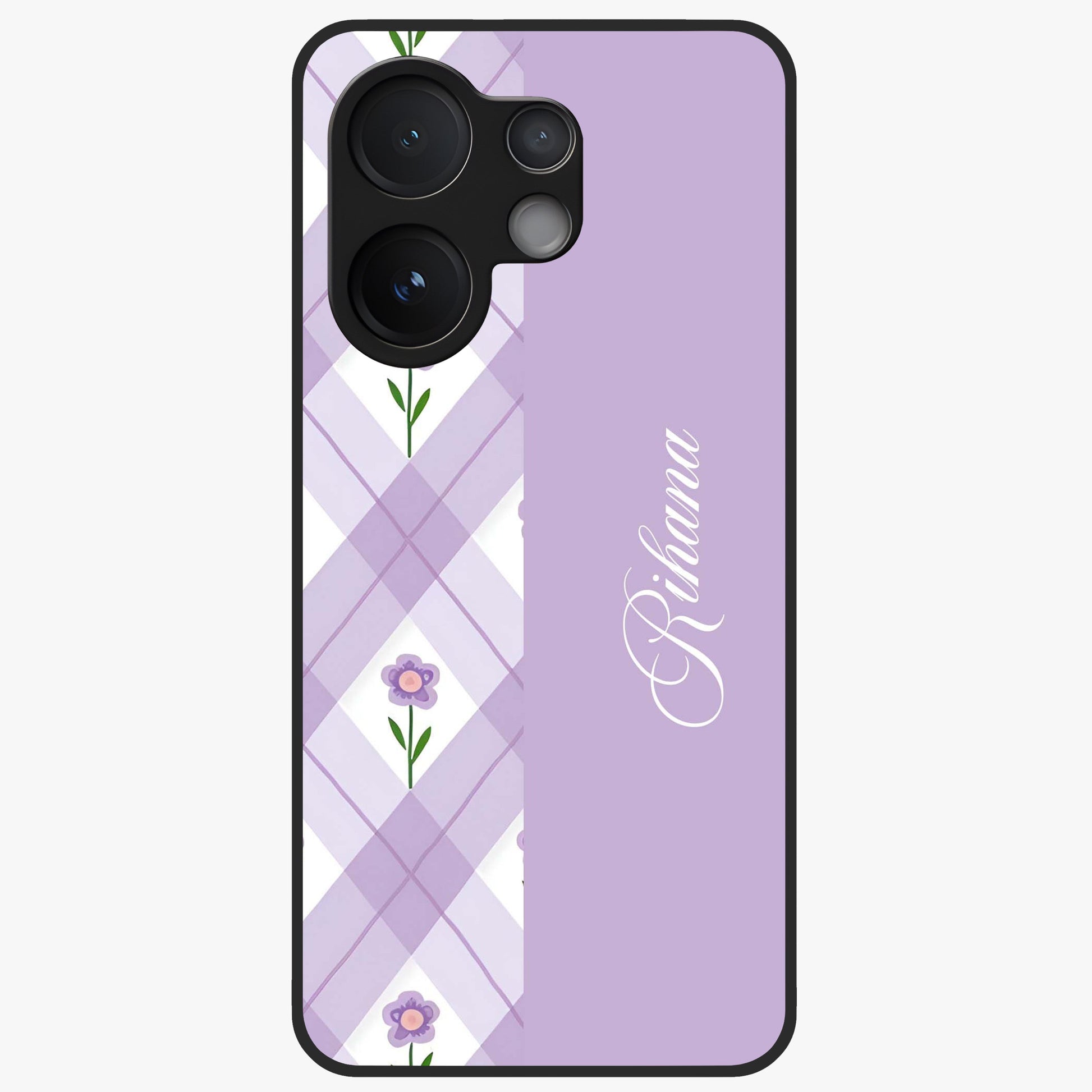 Purple Diamond Floral Glass Case showing flat back view with diamond shaped floral artwork and glossy glass finish.