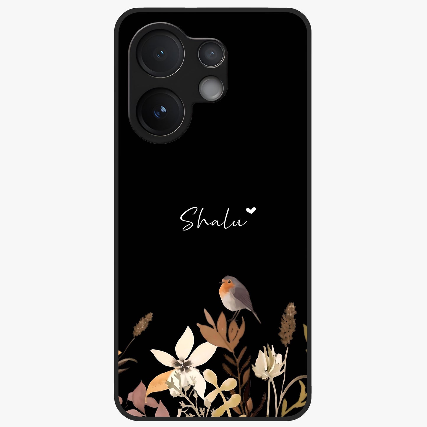Quiet Garden Tune Custom Name Glass Case showing flat back view with peaceful garden artwork and personalized name design.
