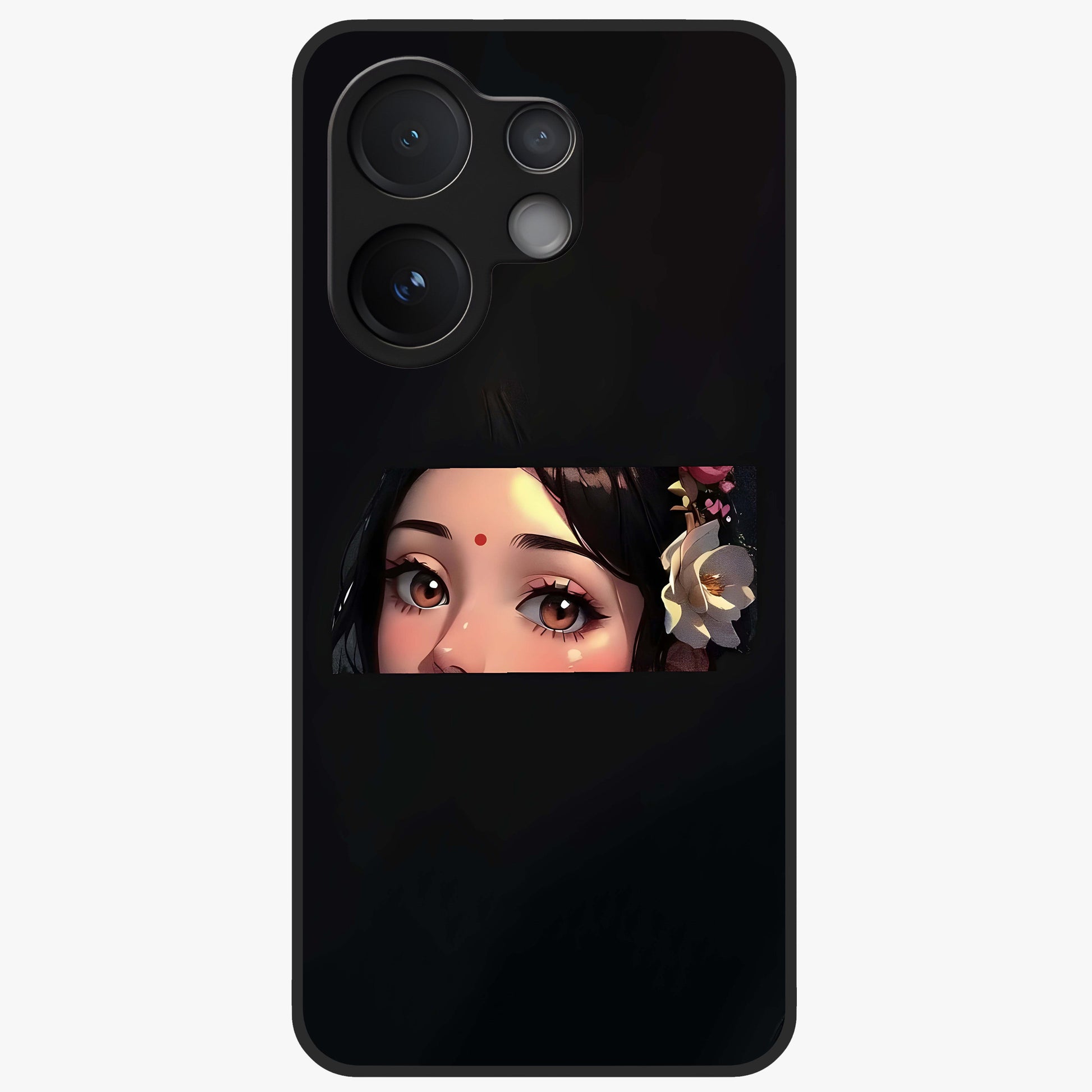 Radha Divine Embrace Glass Case showing flat back view with devotional Radha artwork and glossy glass finish.