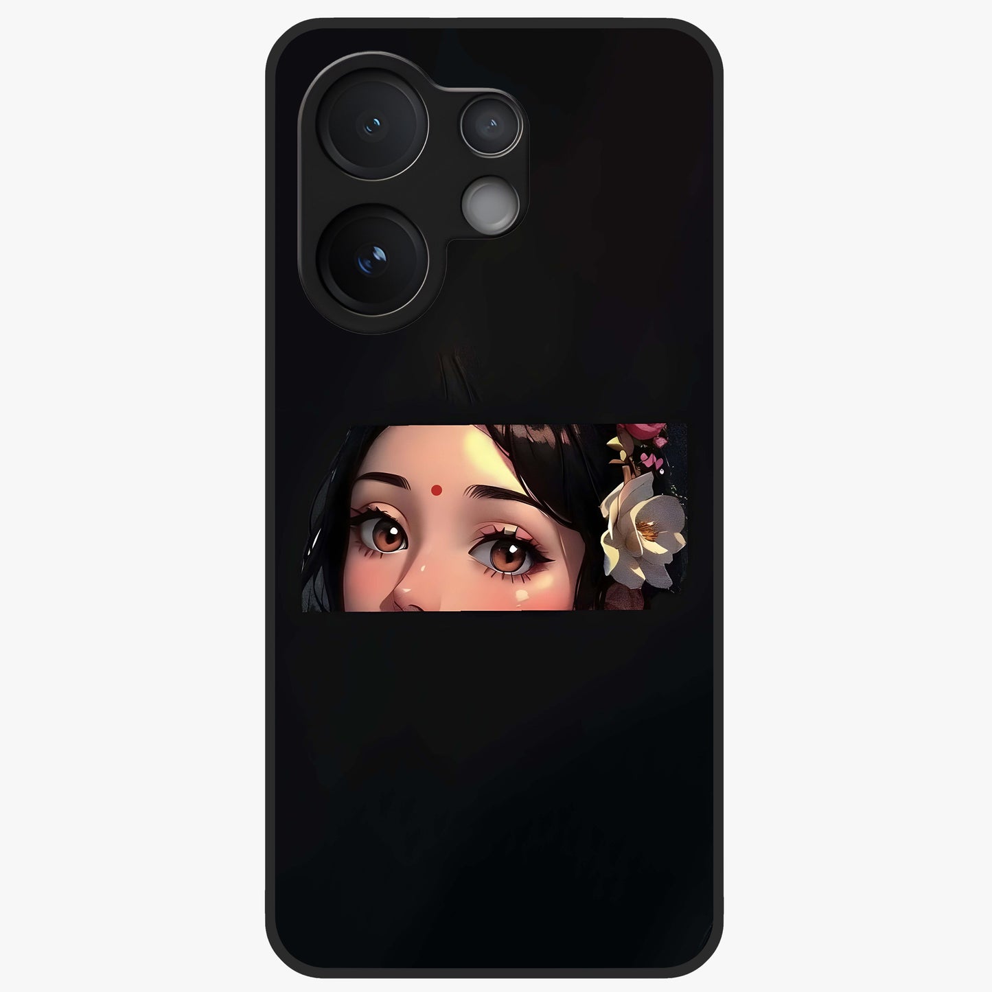 Radha Divine Embrace Glass Case showing flat back view with devotional Radha artwork and glossy glass finish.