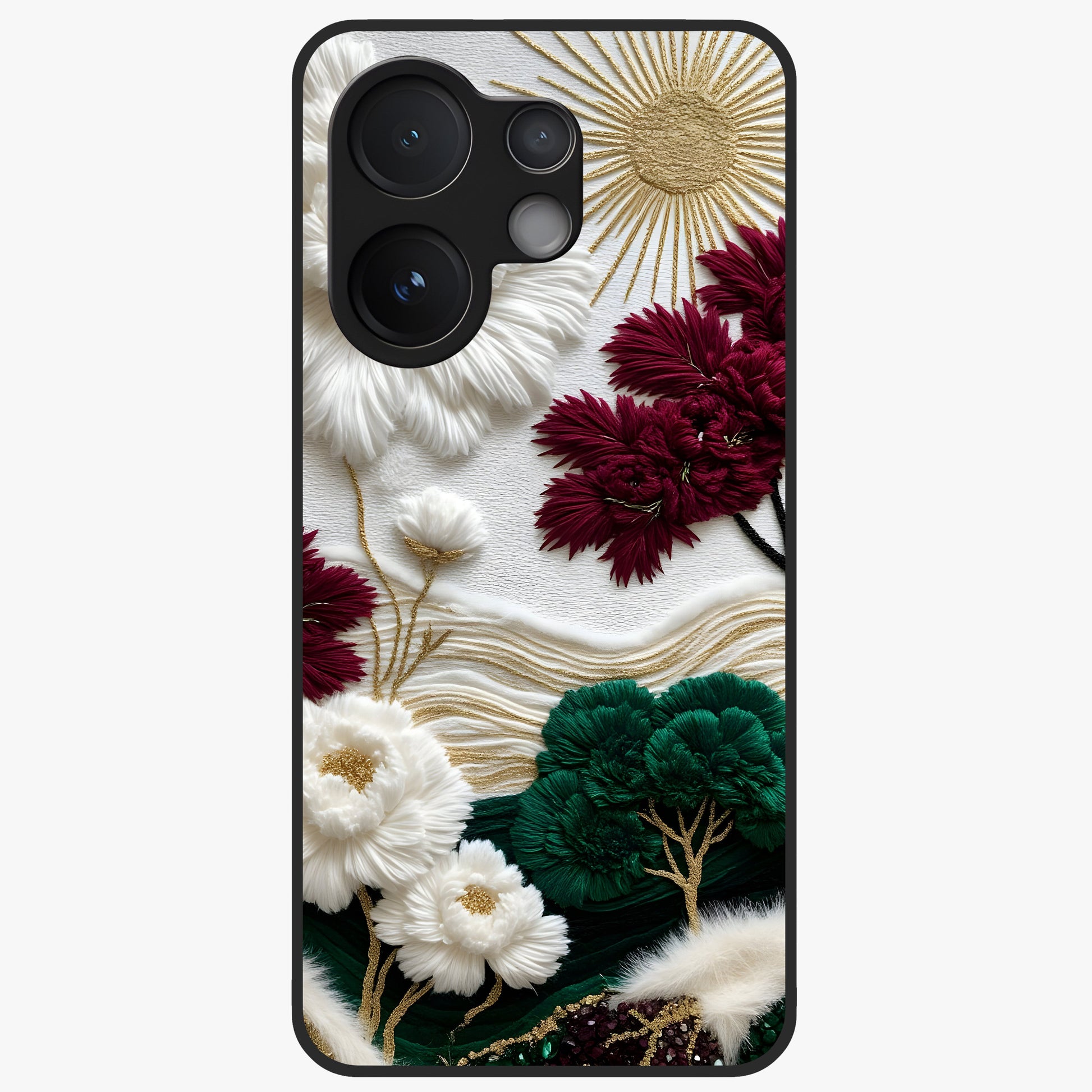 Radiant Bloom Elegance Glass Case showing flat back view with elegant blooming flower artwork and glossy glass finish.