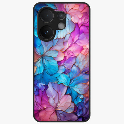 Radiant Floral Whirl Glass Case showing flat back view with swirling floral artwork and glossy glass finish.
