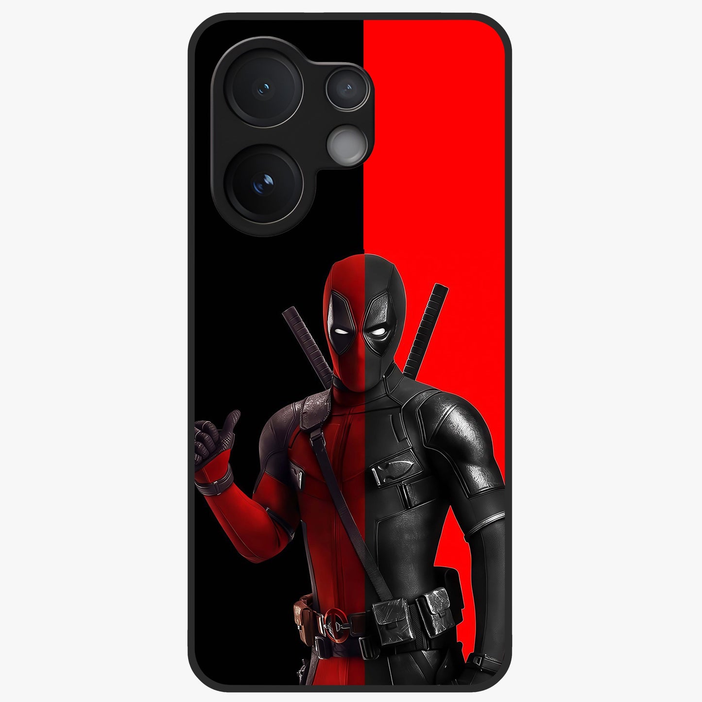Red & Black Deadpool Theme Glass Case showing flat back view with bold comic inspired artwork and glossy glass finish.