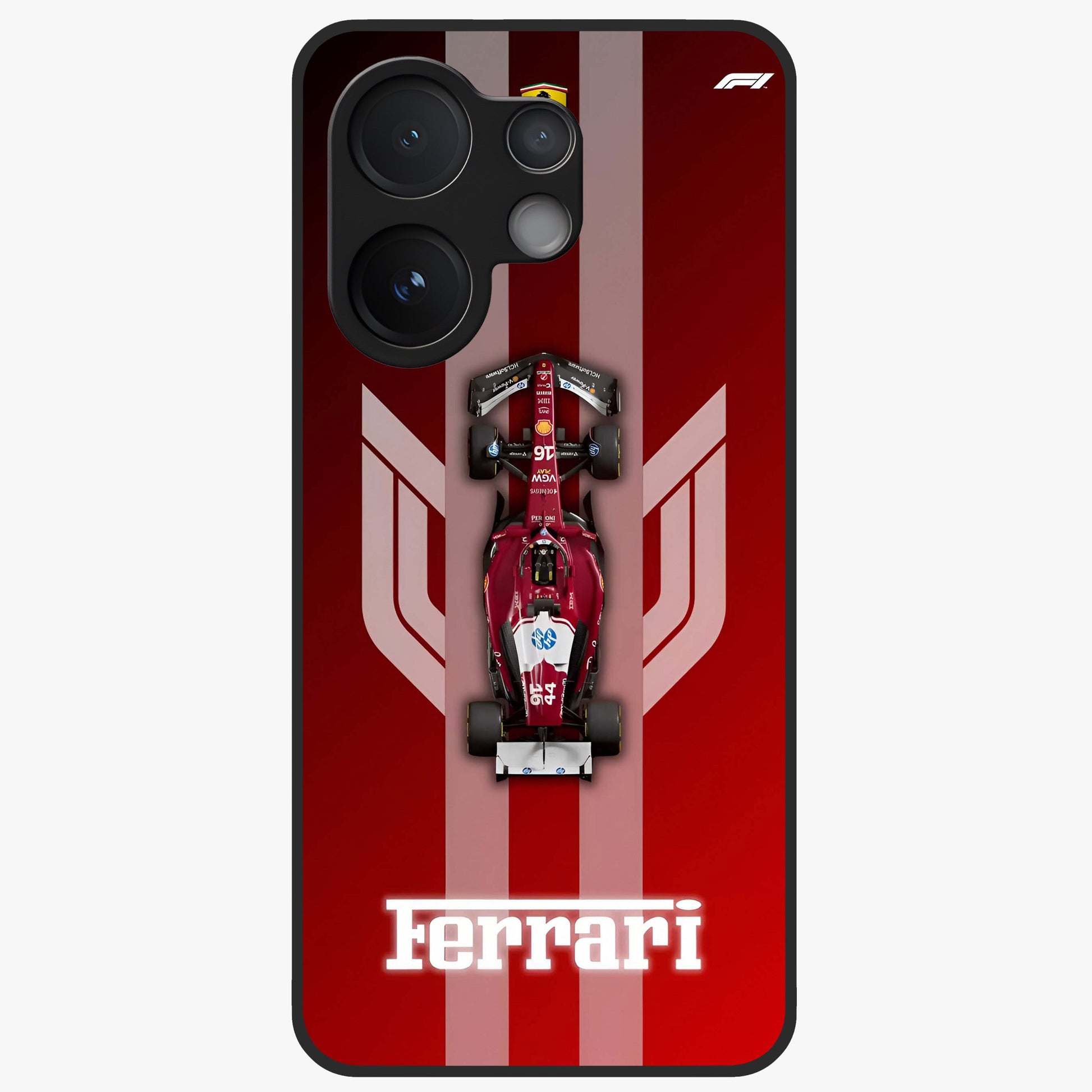 Red Ferrari F1 Vertical Glass Case showing flat back view with sleek Formula racing car artwork and glossy glass finish.