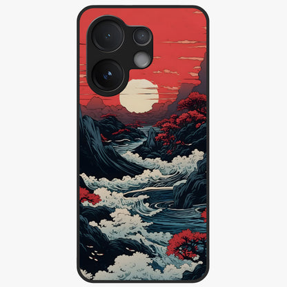 Red Sunset Scenery Glass Case showing flat back view with vibrant sunset landscape artwork and glossy glass finish.