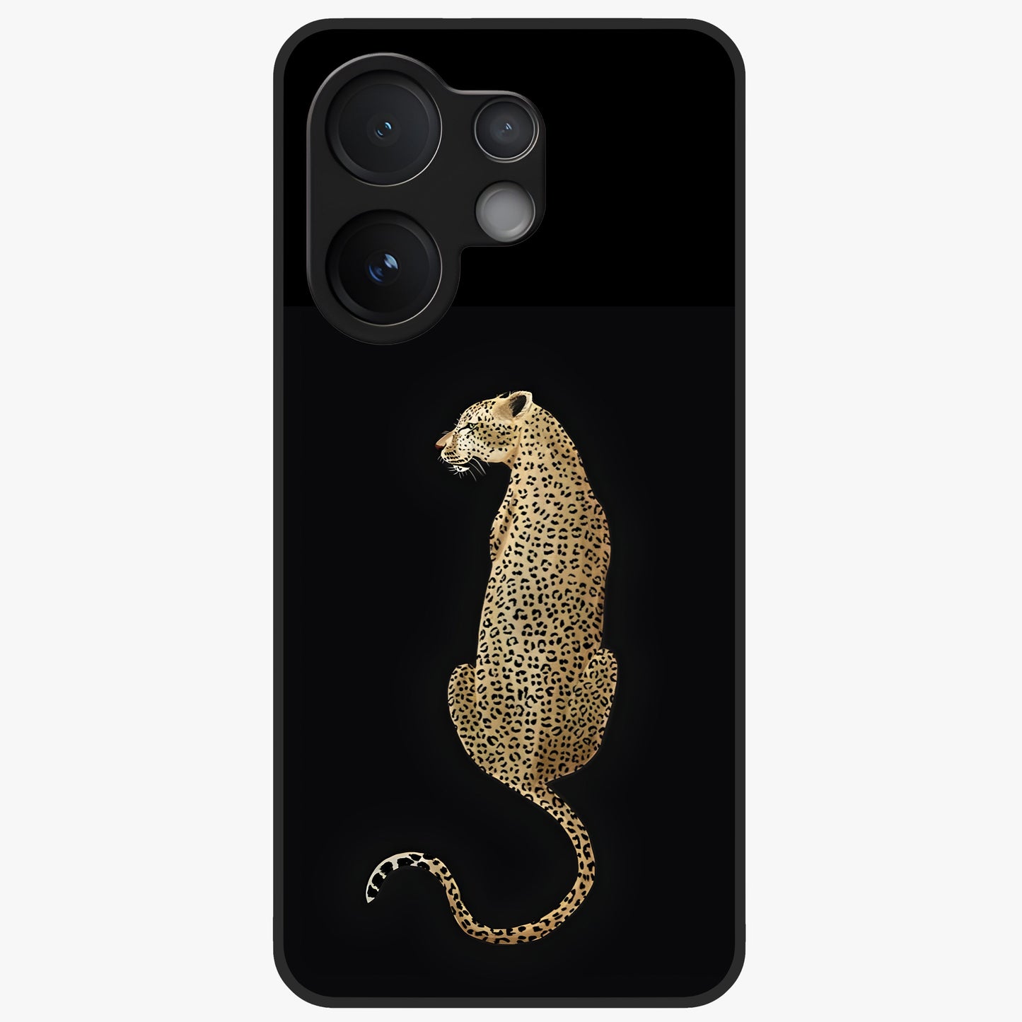 Regal Leopard Glass Case showing flat back view with bold leopard artwork and glossy glass finish.