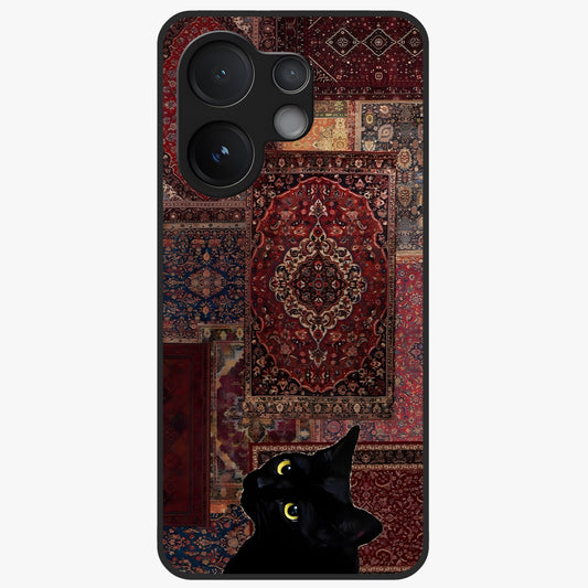 Regal Magic Cat Apple Glass Case showing flat back view with magical cat artwork holding apple and glossy glass finish.