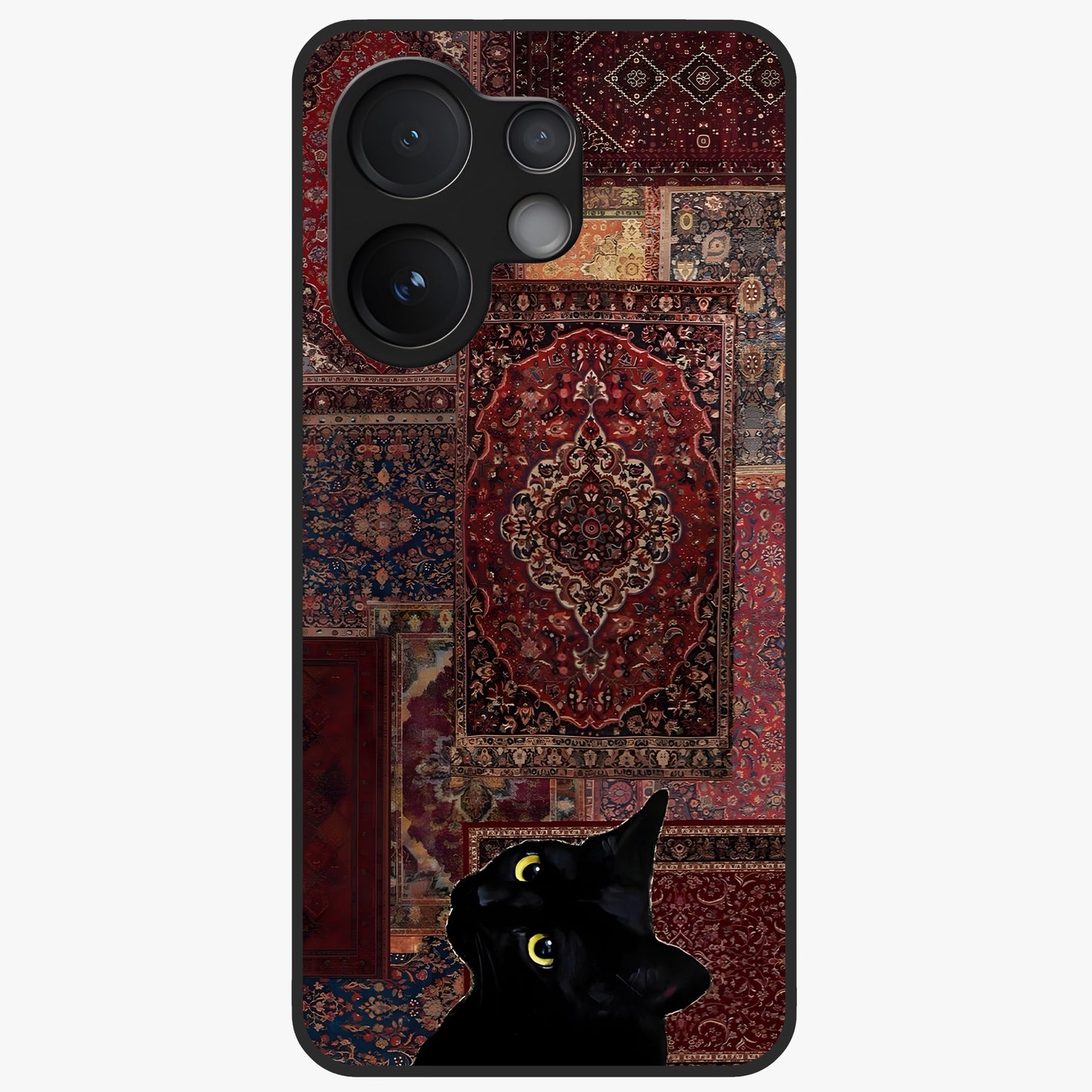 Regal Magic Cat Apple Glass Case showing flat back view with magical cat artwork holding apple and glossy glass finish.