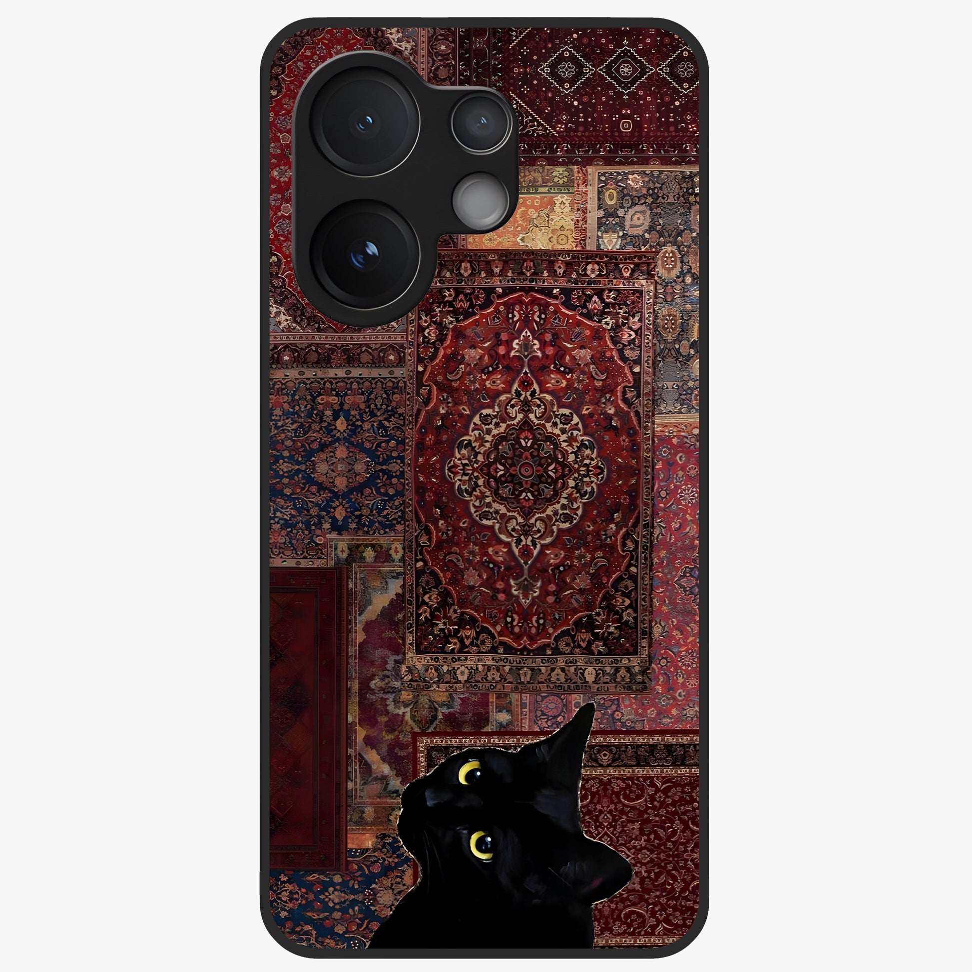 Regal Magic Cat Apple Glass Case showing flat back view with magical cat artwork holding apple and glossy glass finish.