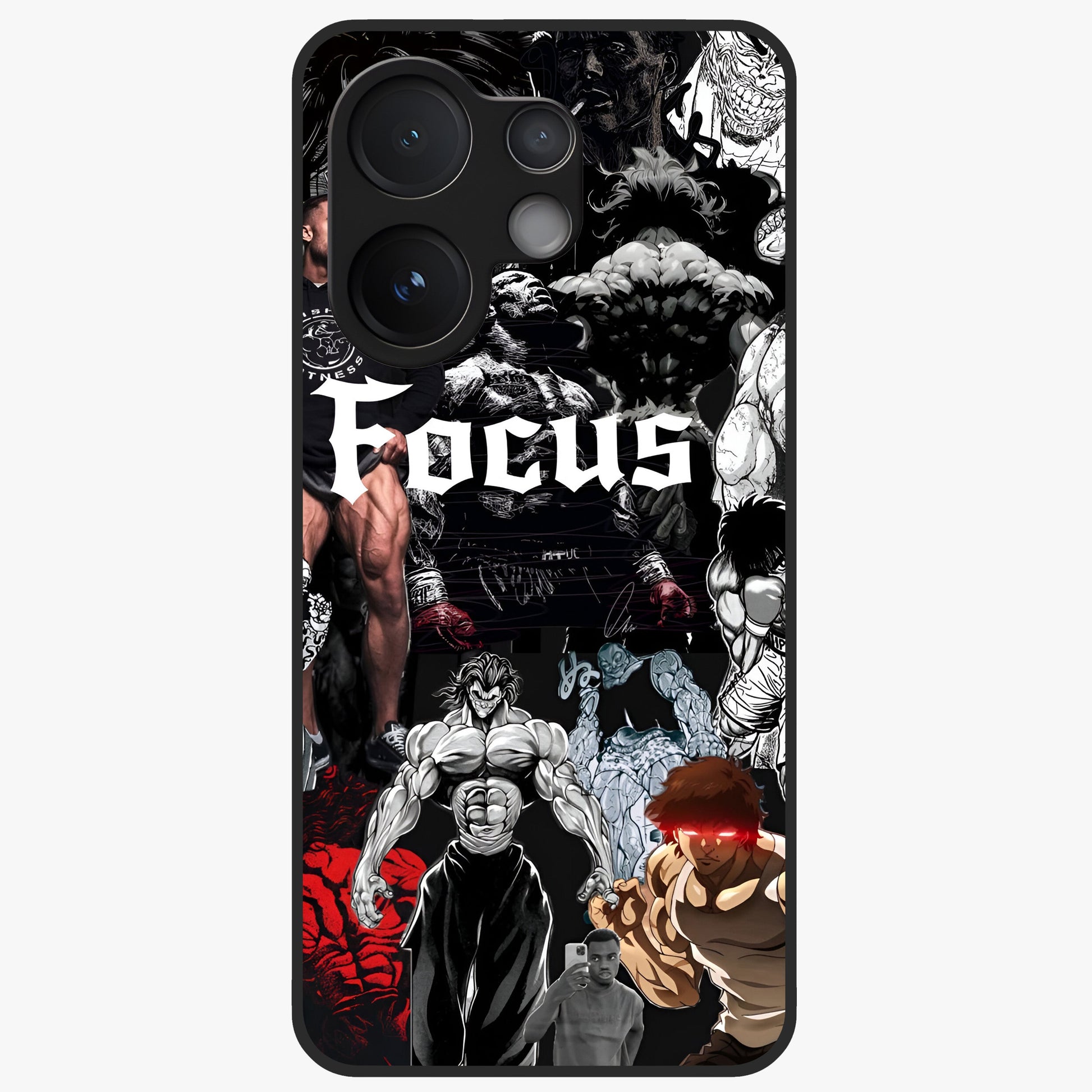 Relentless Power Focus Glass Case showing flat back view with motivational typography artwork and glossy glass finish.