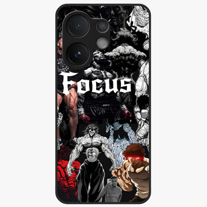 Relentless Power Focus Glass Case showing flat back view with motivational typography artwork and glossy glass finish.