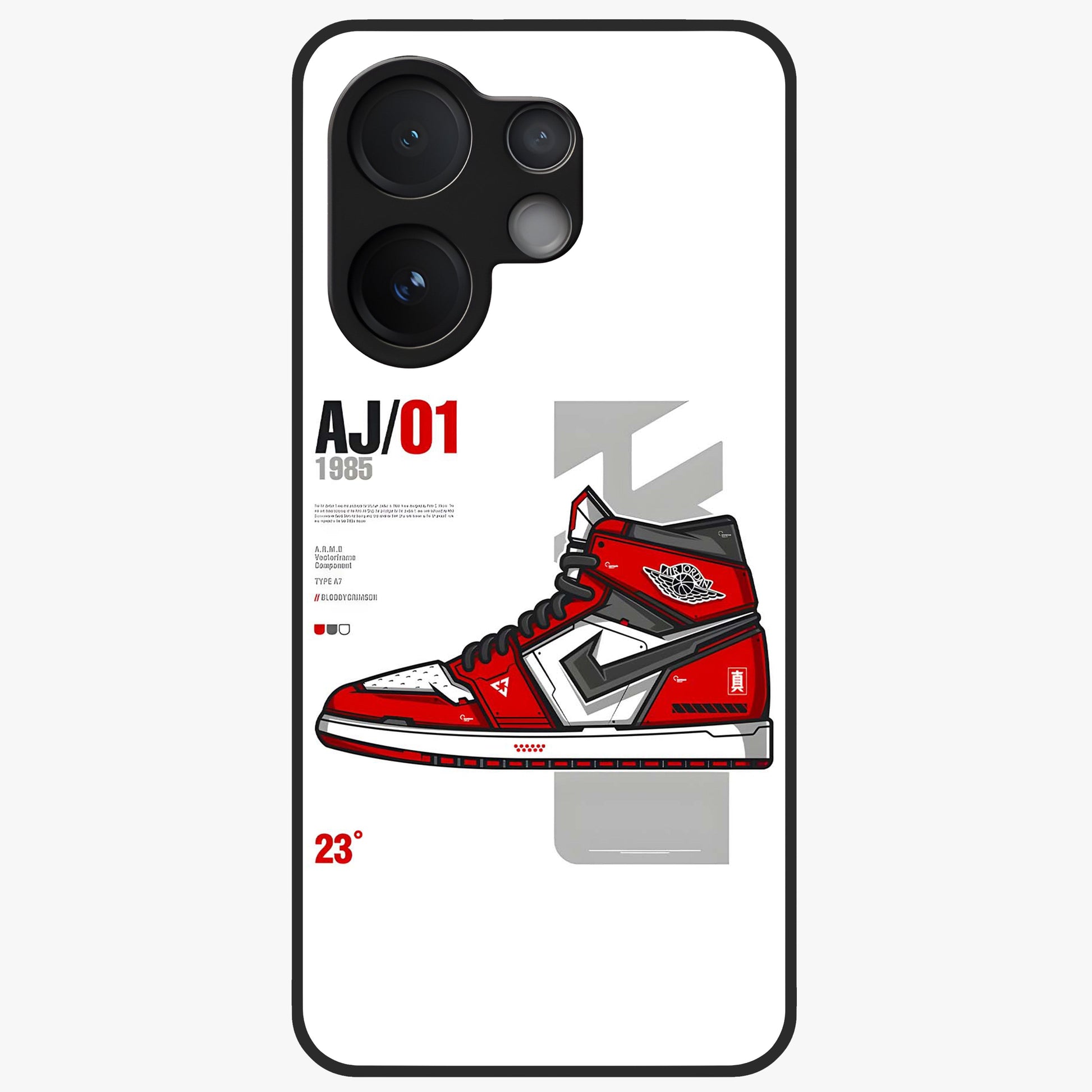 Retro Sneaker Blueprint Glass Case showing flat back view with sneaker blueprint style artwork and glossy glass finish.