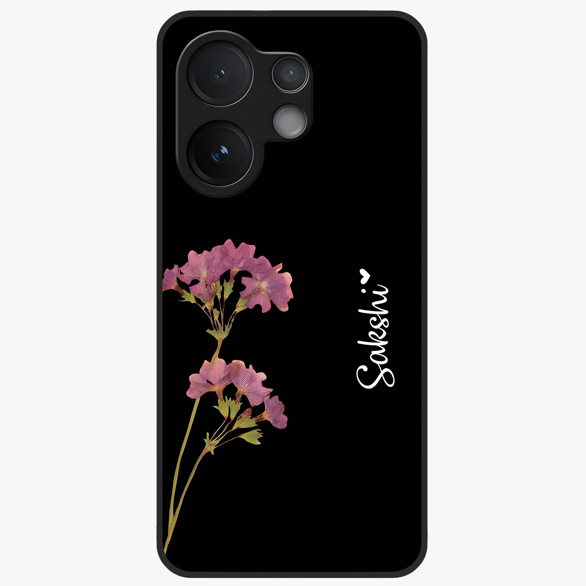 Riching Lavender Flower Custom Name Glass Case showing flat back view with lavender floral artwork and personalized name design.