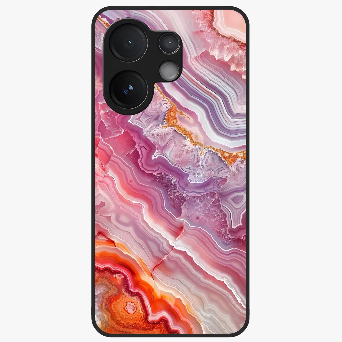 Rose Quartz Marble Glass Case showing flat back view with pink marble quartz texture artwork and glossy glass finish.