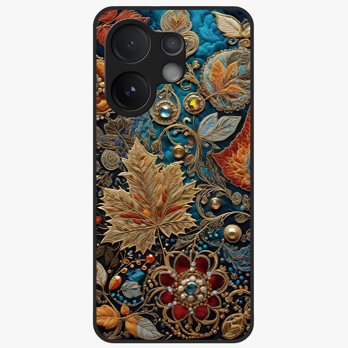 Royal Jewel Garden Glass Case showing flat back view with decorative floral garden artwork and glossy glass finish.