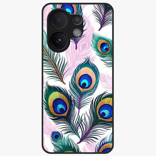 Royal Peacock Feathers Glass Case showing flat back view with colorful peacock feather artwork and glossy glass finish.
