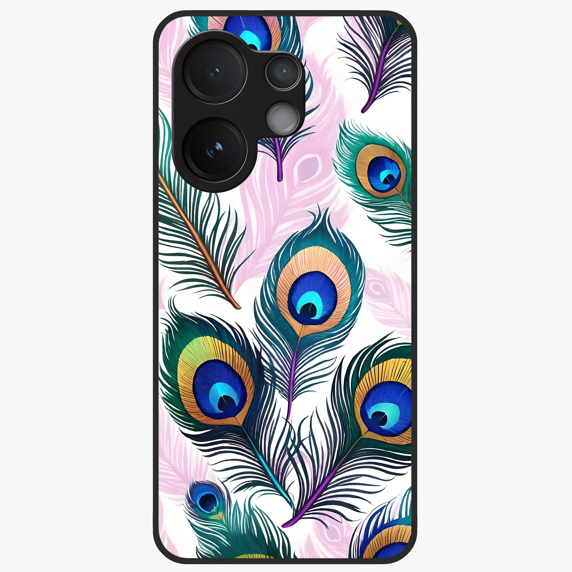 Royal Peacock Feathers Glass Case showing flat back view with colorful peacock feather artwork and glossy glass finish.