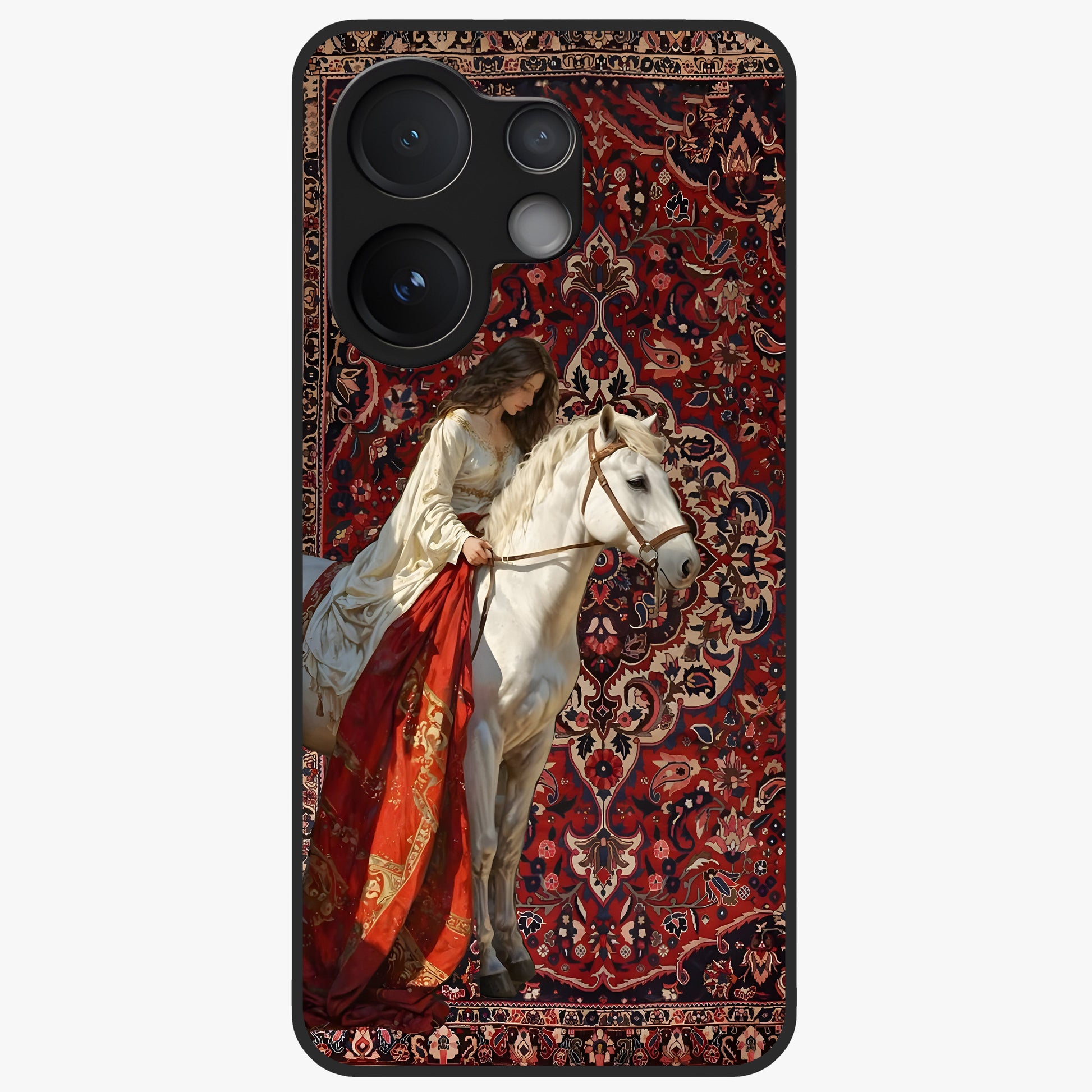 Royal Rider Tapestry Glass Case showing flat back view with majestic horse rider tapestry artwork and glossy glass finish.