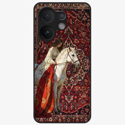 Royal Rider Tapestry Glass Case showing flat back view with majestic horse rider tapestry artwork and glossy glass finish.