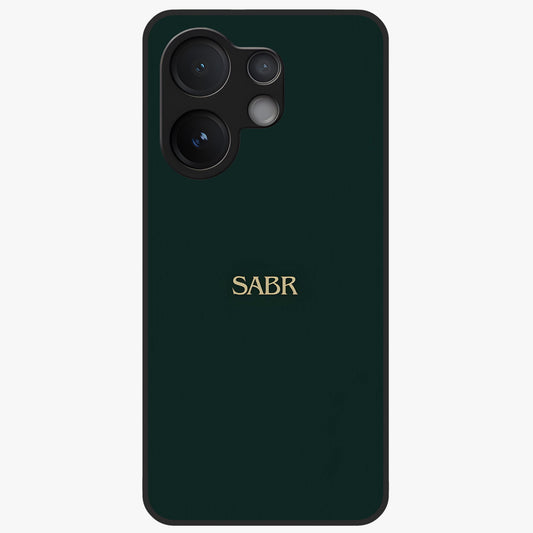Sabr Minimal Patience Glass Case showing flat back view with minimalist typography artwork and glossy glass finish.