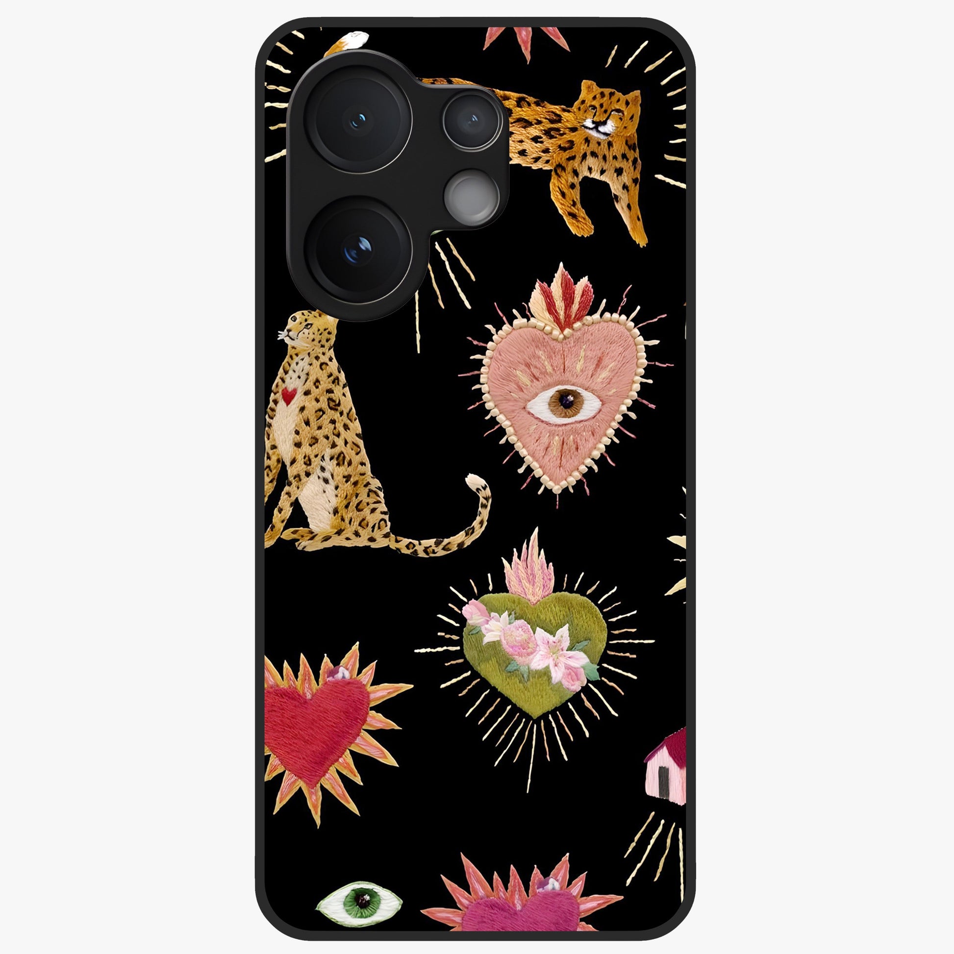 Sacred Jungle Heart Glass Case showing flat back view with jungle inspired heart artwork and glossy glass finish.
