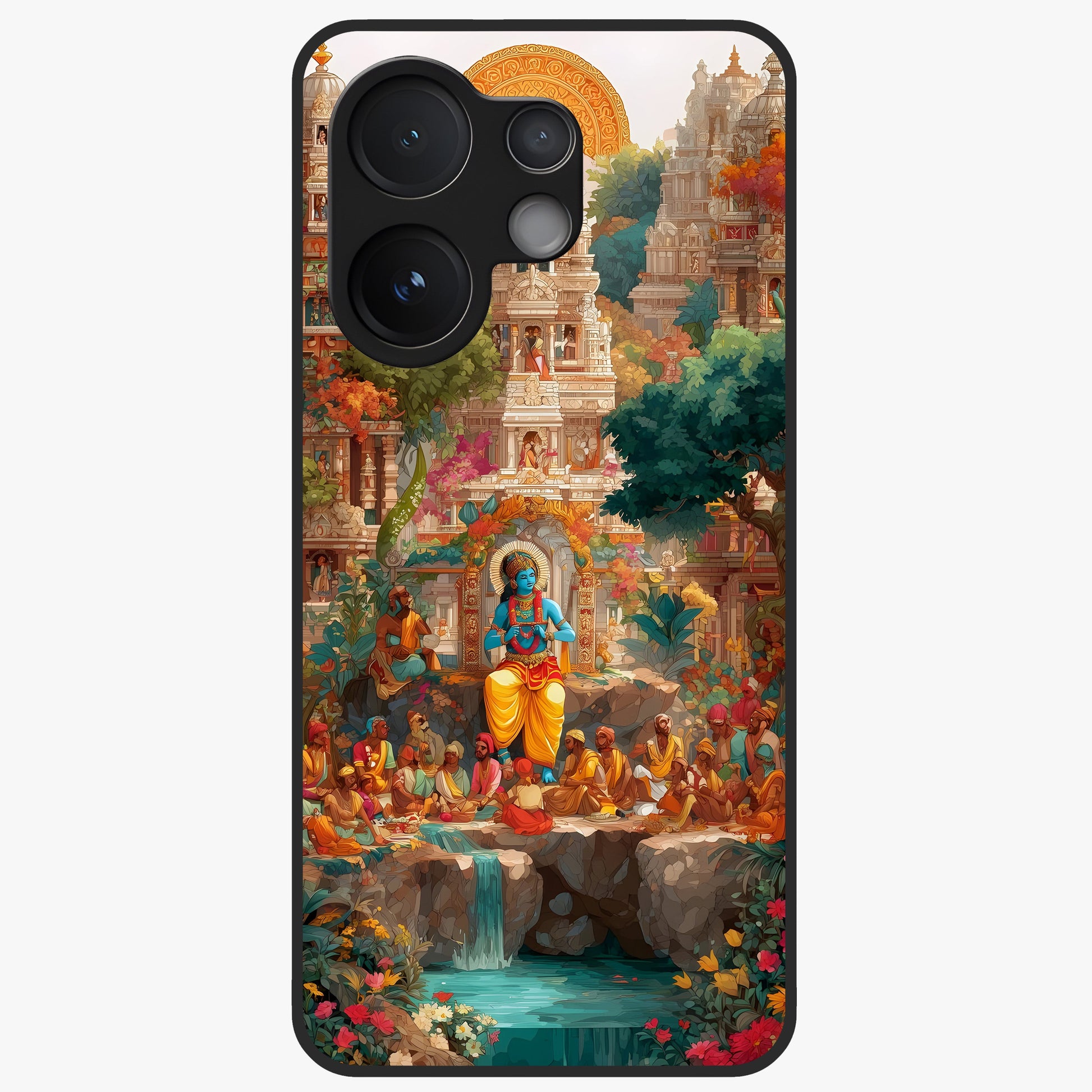 Sacred Sunlight Gods Glass Case showing flat back view with divine sunlight themed artwork and glossy glass finish.