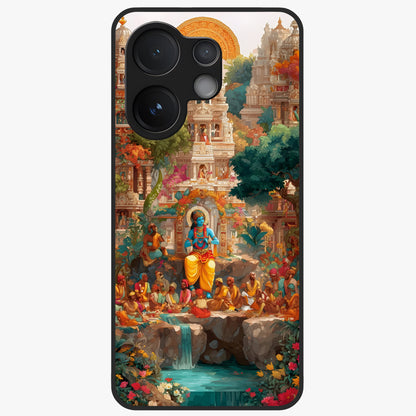 Sacred Sunlight Gods Glass Case showing flat back view with divine sunlight themed artwork and glossy glass finish.