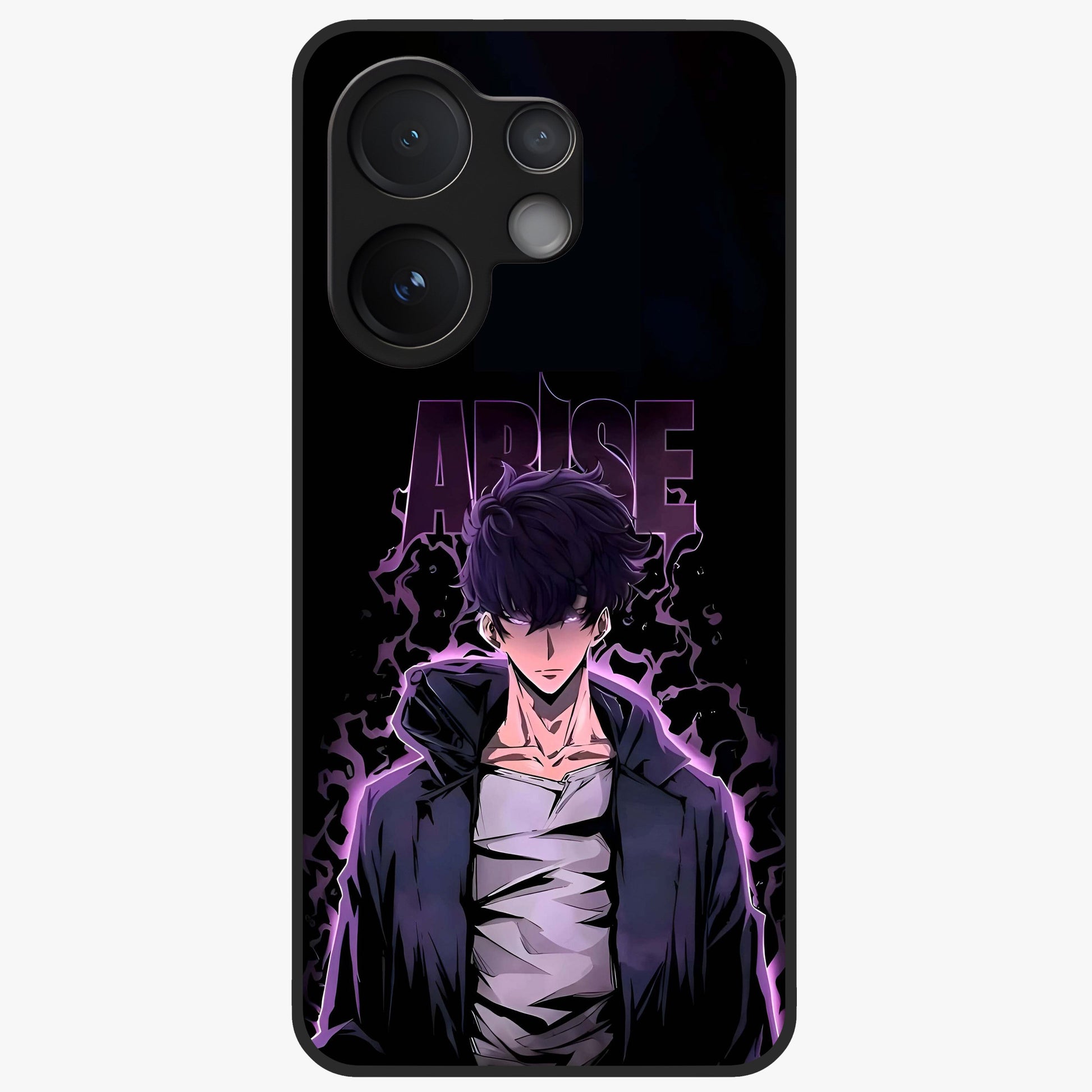 Shadow Monarch Awakening Glass Case showing flat back view with powerful dark monarch themed artwork and glossy glass finish.