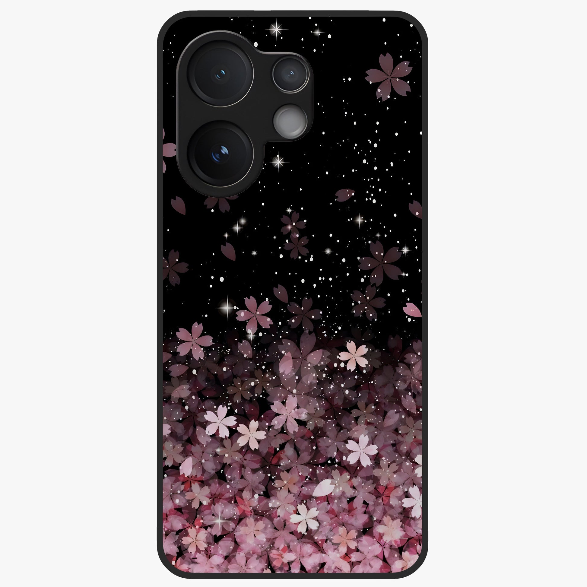 Small Starry Flowers Glass Case showing flat back view with delicate starry floral artwork and glossy glass finish.