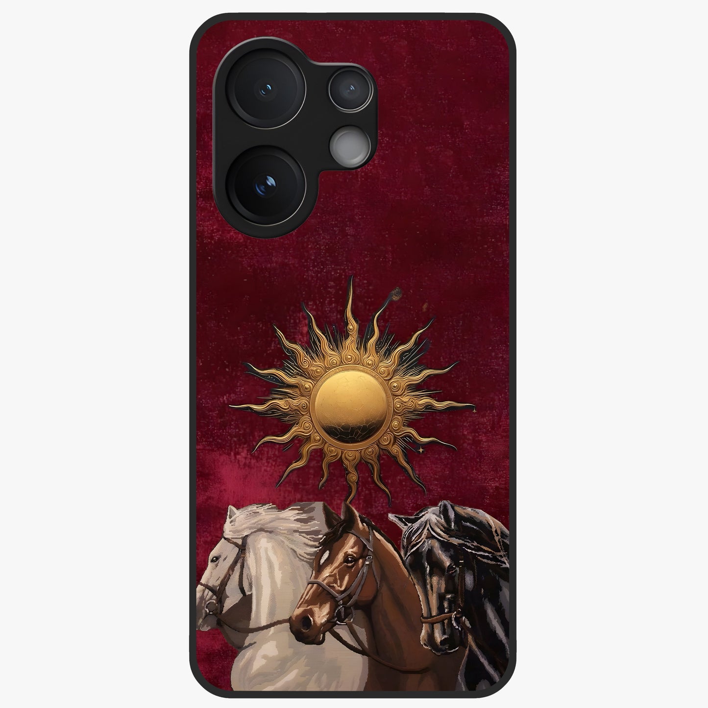 Solar Riders Glass Case showing flat back view with dynamic rider themed artwork and glossy glass finish.