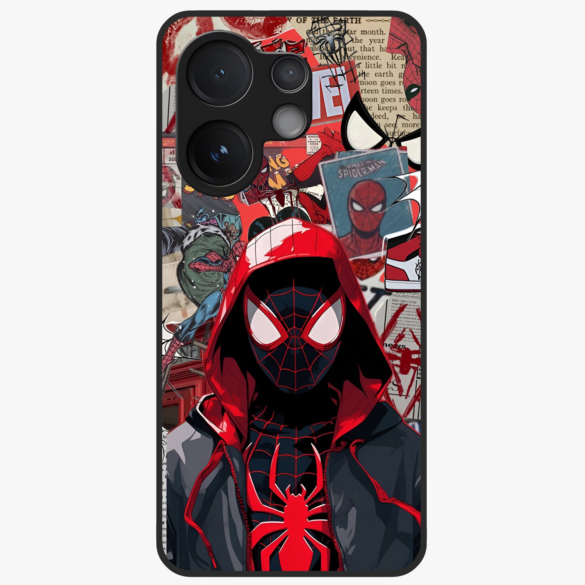 Spider Collage Street Glass Case showing flat back view with vibrant superhero collage artwork and glossy glass finish.