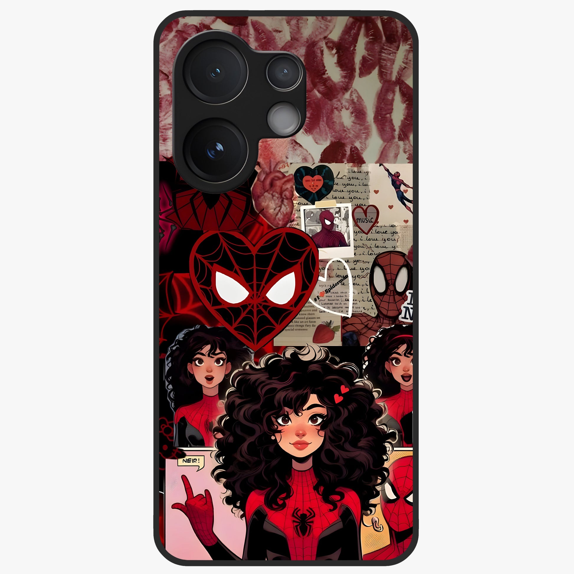 Spider Love Story Glass Case showing flat back view with romantic superhero themed artwork and glossy glass finish.