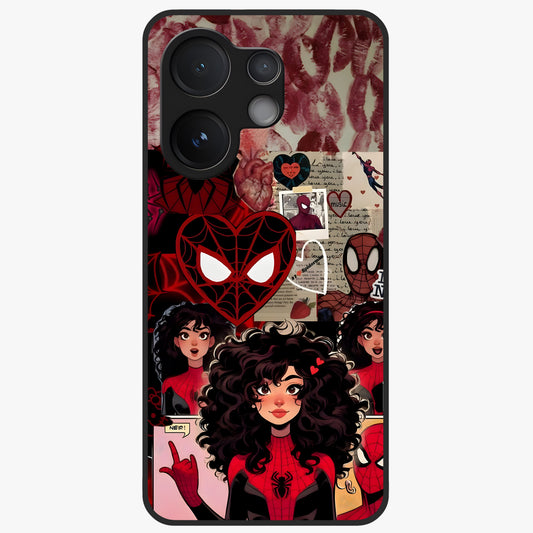 Spider Love Story Glass Case showing flat back view with romantic superhero themed artwork and glossy glass finish.