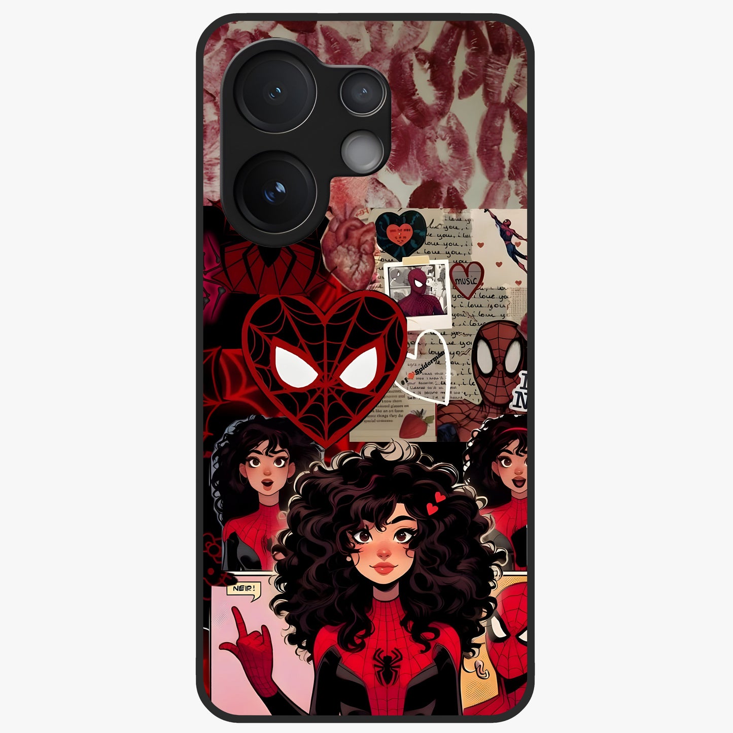 Spider Love Story Glass Case showing flat back view with romantic superhero themed artwork and glossy glass finish.