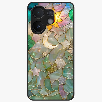 Stained Sunrise Glow Glass Case showing flat back view with glowing sunrise stained pattern artwork and glossy glass finish.