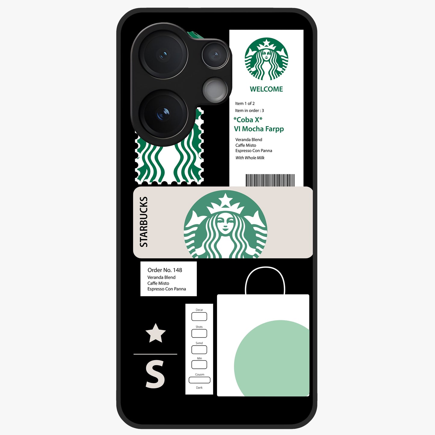 Starbucks Mocha Glass Case showing flat back view with coffee inspired artwork and glossy glass finish.