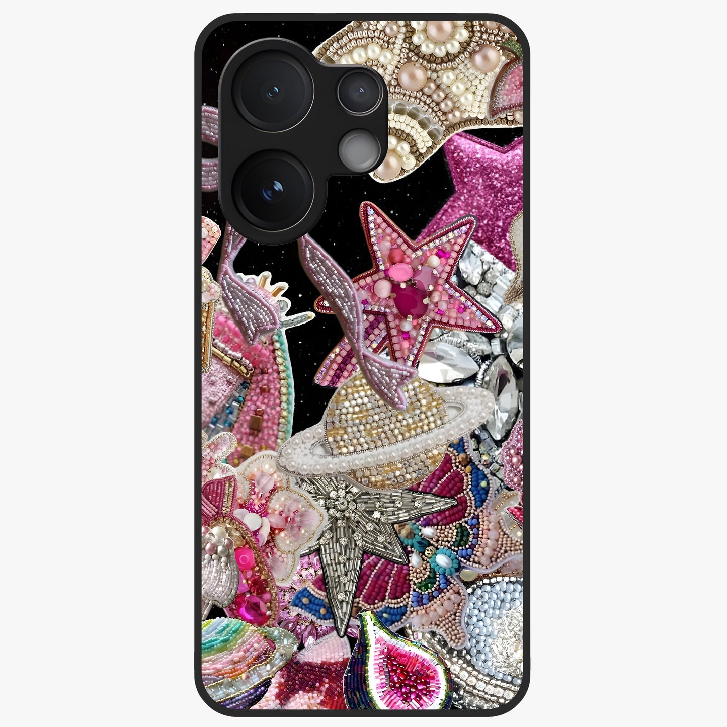 Starlit Jewel Dream Glass Case showing flat back view with sparkling jewel and star themed artwork and glossy glass finish.