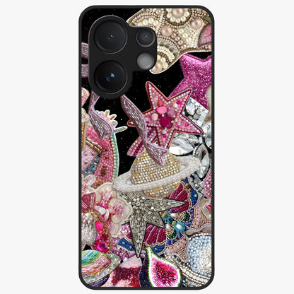Starlit Jewel Dream Glass Case showing flat back view with sparkling jewel and star themed artwork and glossy glass finish.