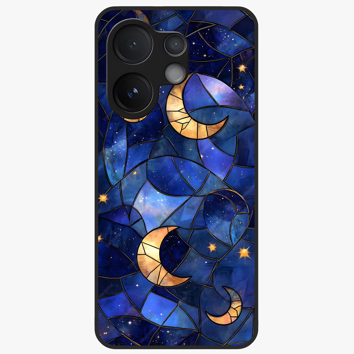Starlit Sky Tapestry Glass Case showing flat back view with decorative starry sky tapestry artwork and glossy glass finish.