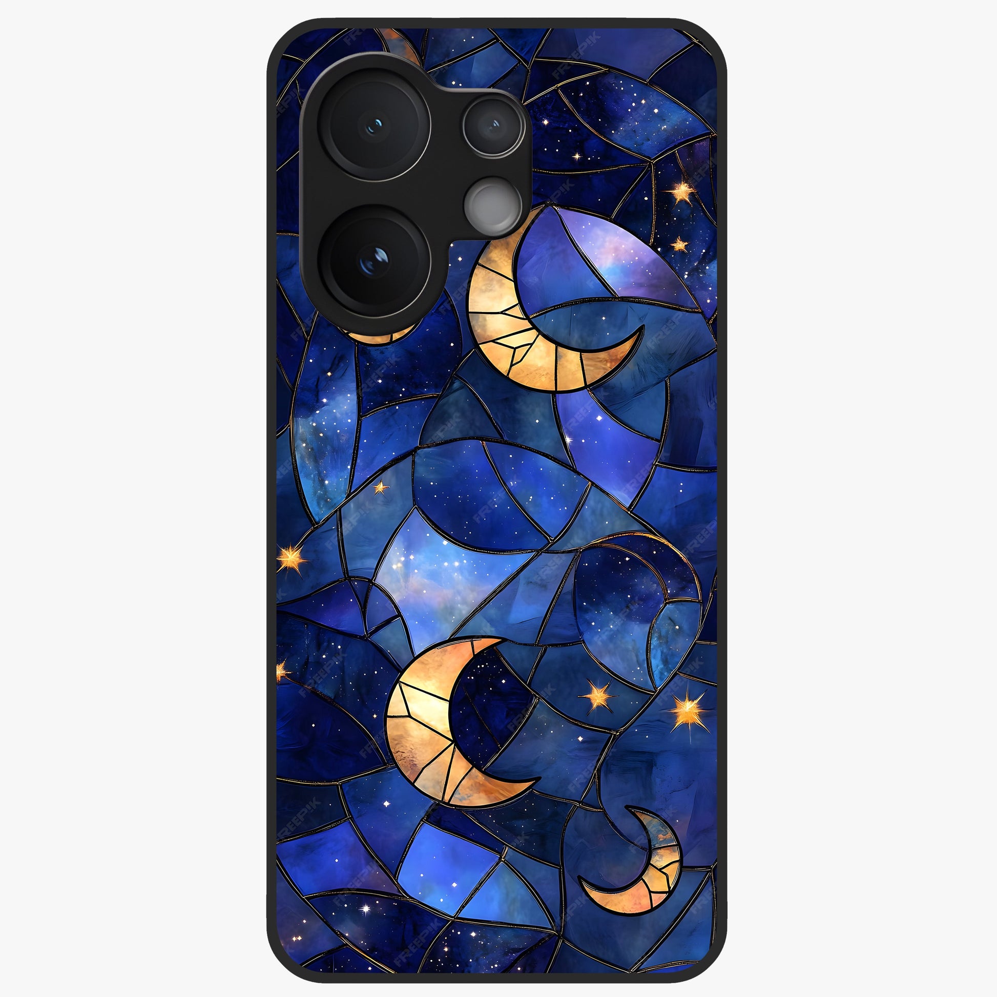 Starlit Sky Tapestry Glass Case showing flat back view with decorative starry sky tapestry artwork and glossy glass finish.