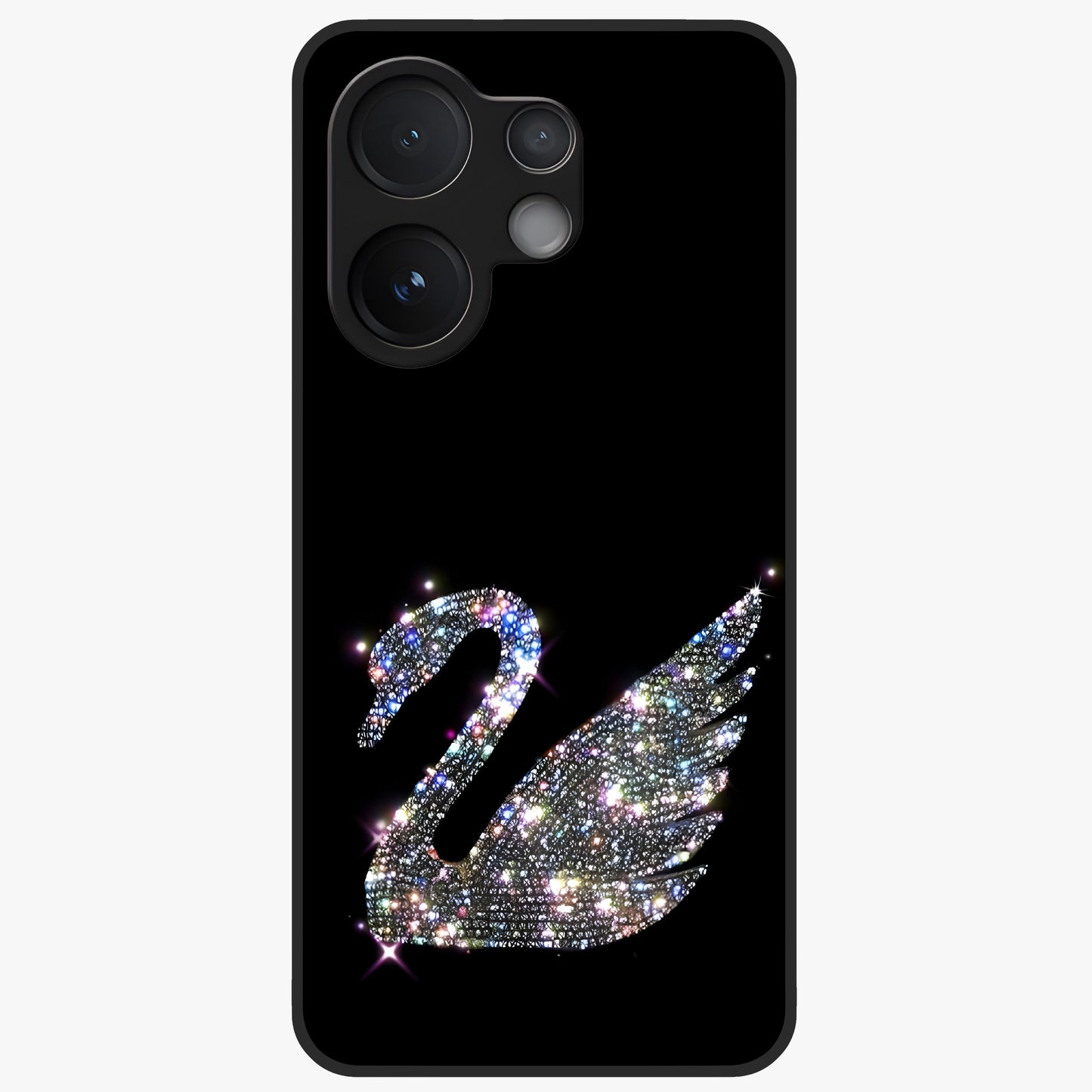Starlit Swan Grace Glass Case showing flat back view with graceful swan artwork under starry sky and glossy glass finish.