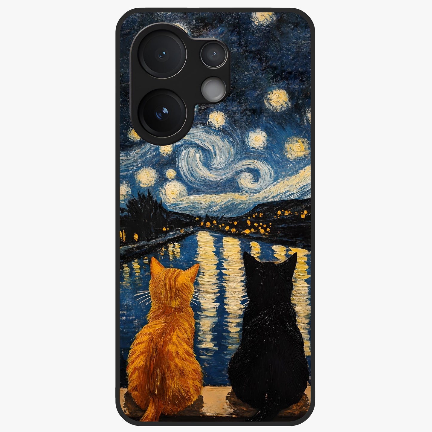 Starry River Cats Glass Case showing flat back view with cats by a starry river artwork and glossy glass finish.