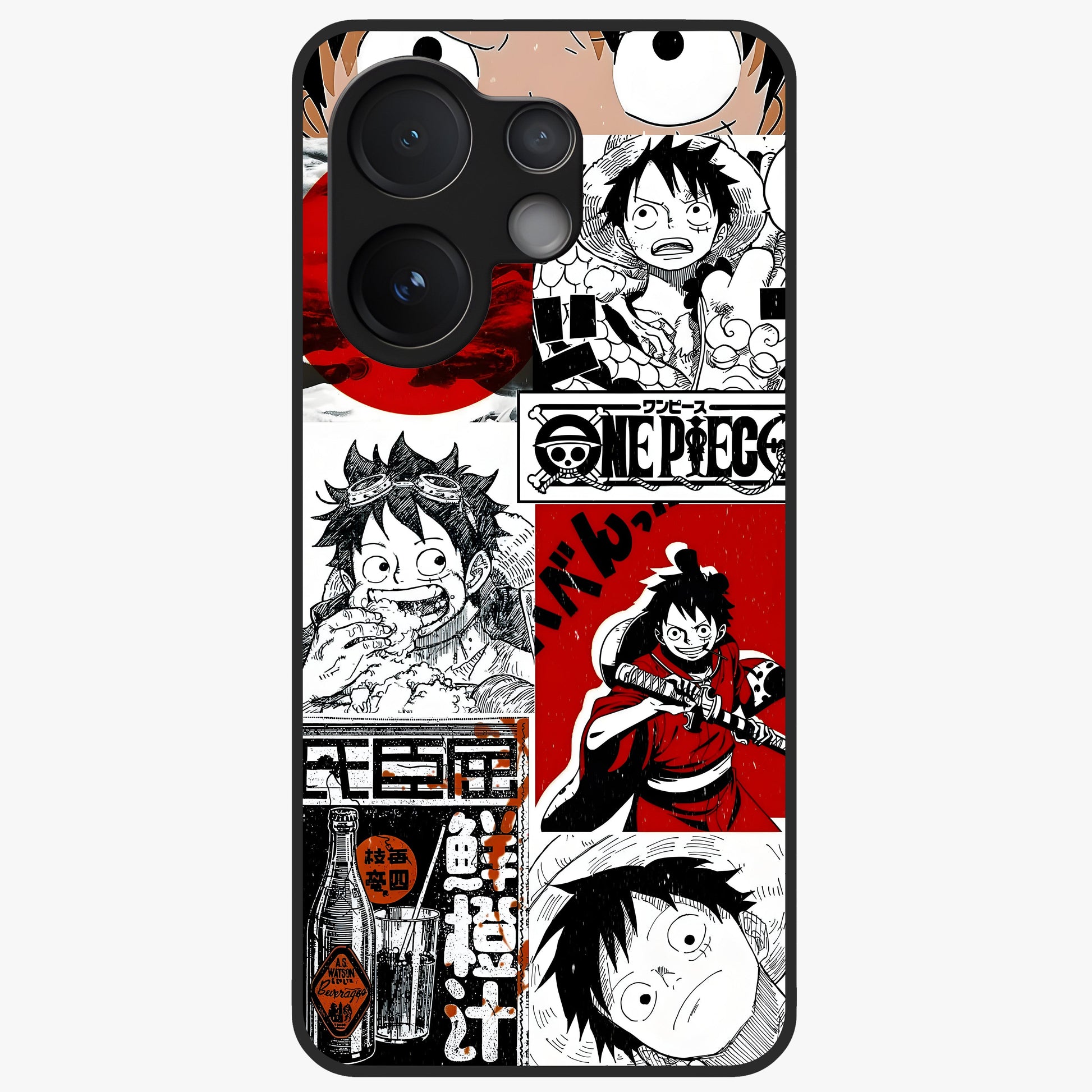 Strawhat Chaos Panels Glass Case showing flat back view with anime inspired chaos panel artwork and glossy glass finish.