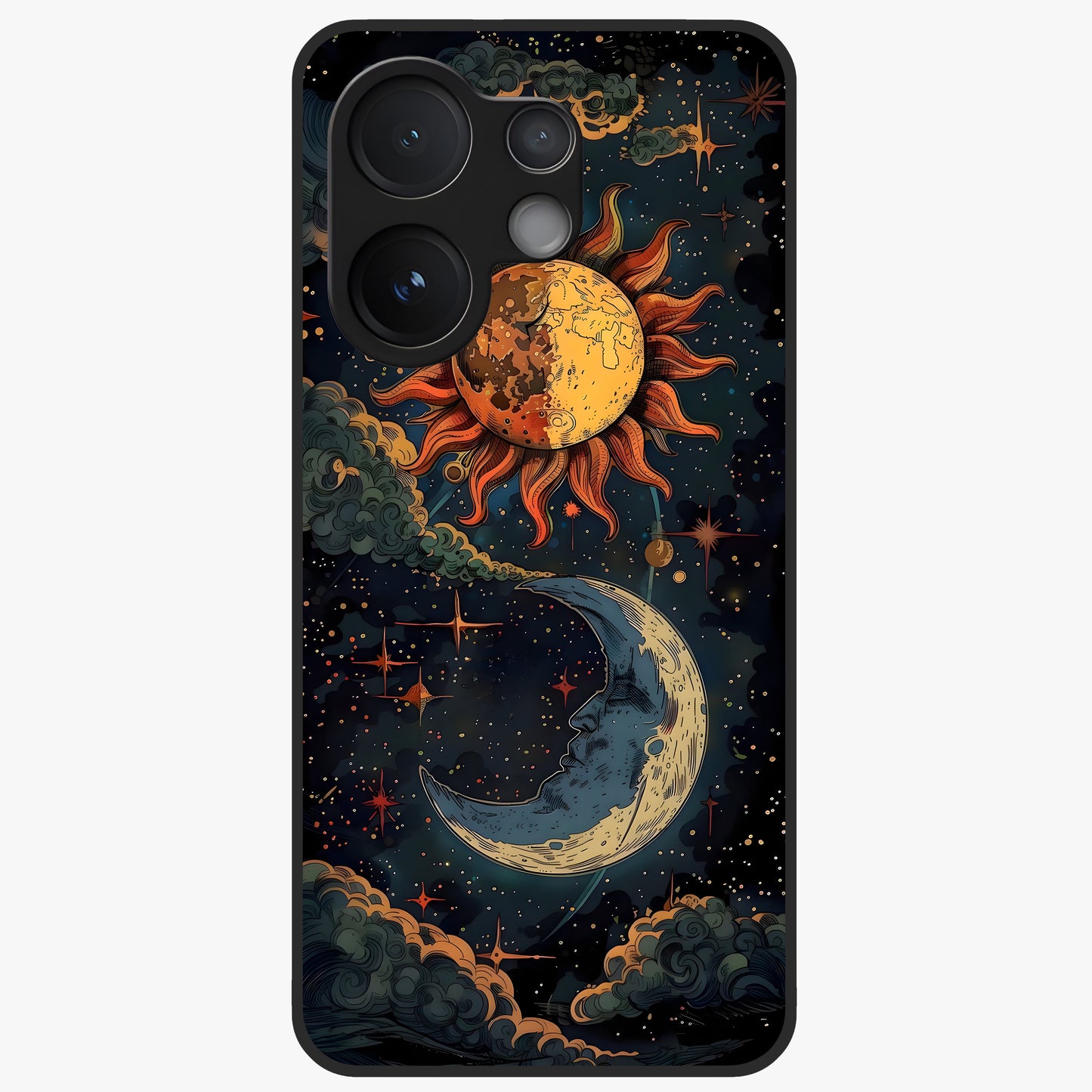 Sun And Moon Magic Design Glass Case showing flat back view with mystical sun and moon artwork and glossy glass finish.
