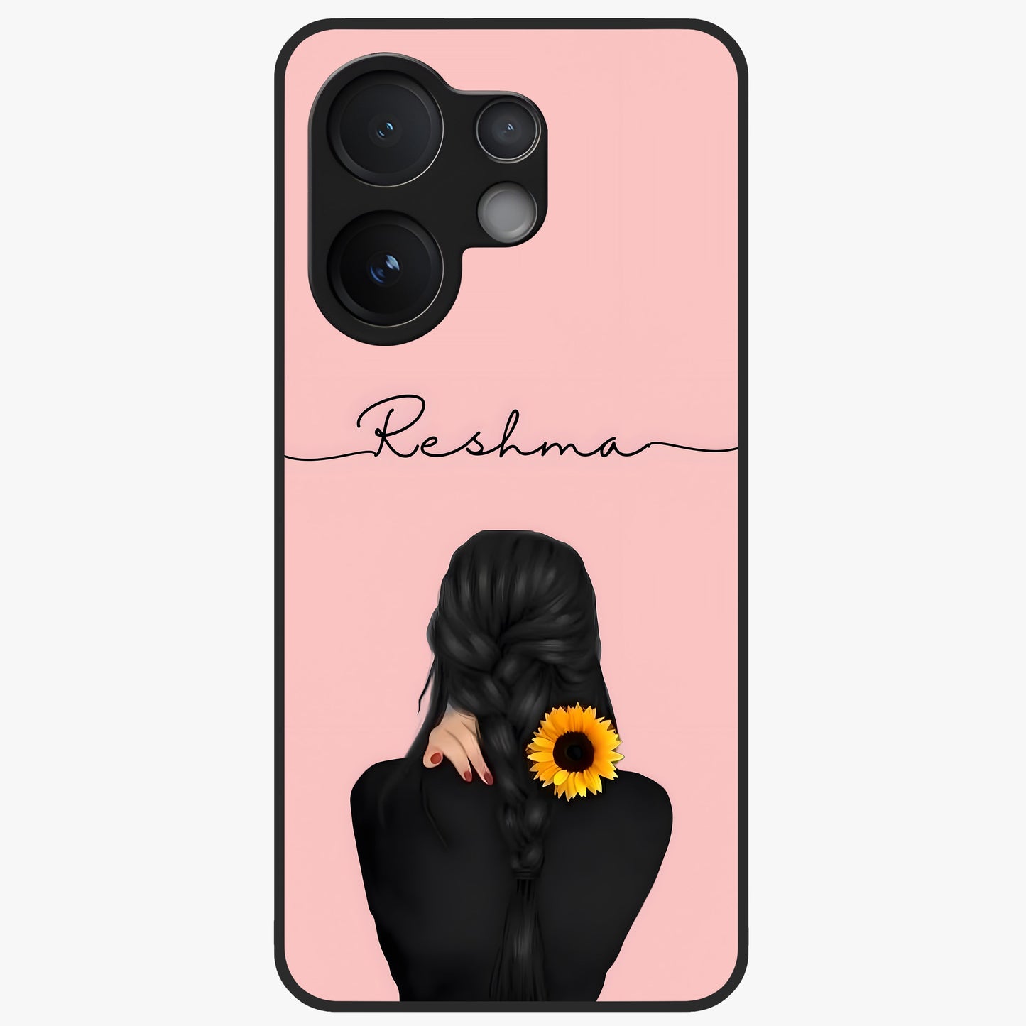 Sunflower Braid Beauty With Custom Name Glass Case showing flat back view with sunflower braid artwork and personalized name design.