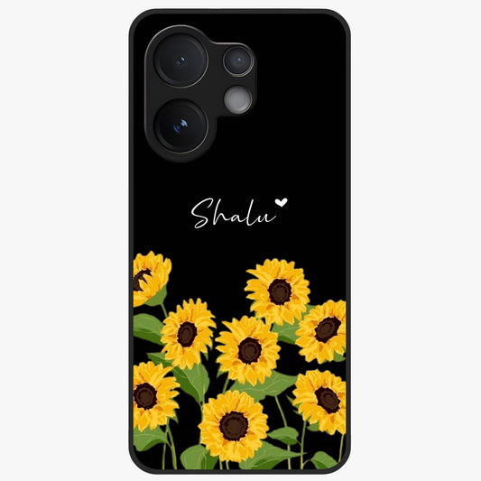 Sunflower Chic Mood Custom Name Glass Case showing flat back view with stylish sunflower artwork and personalized name design.